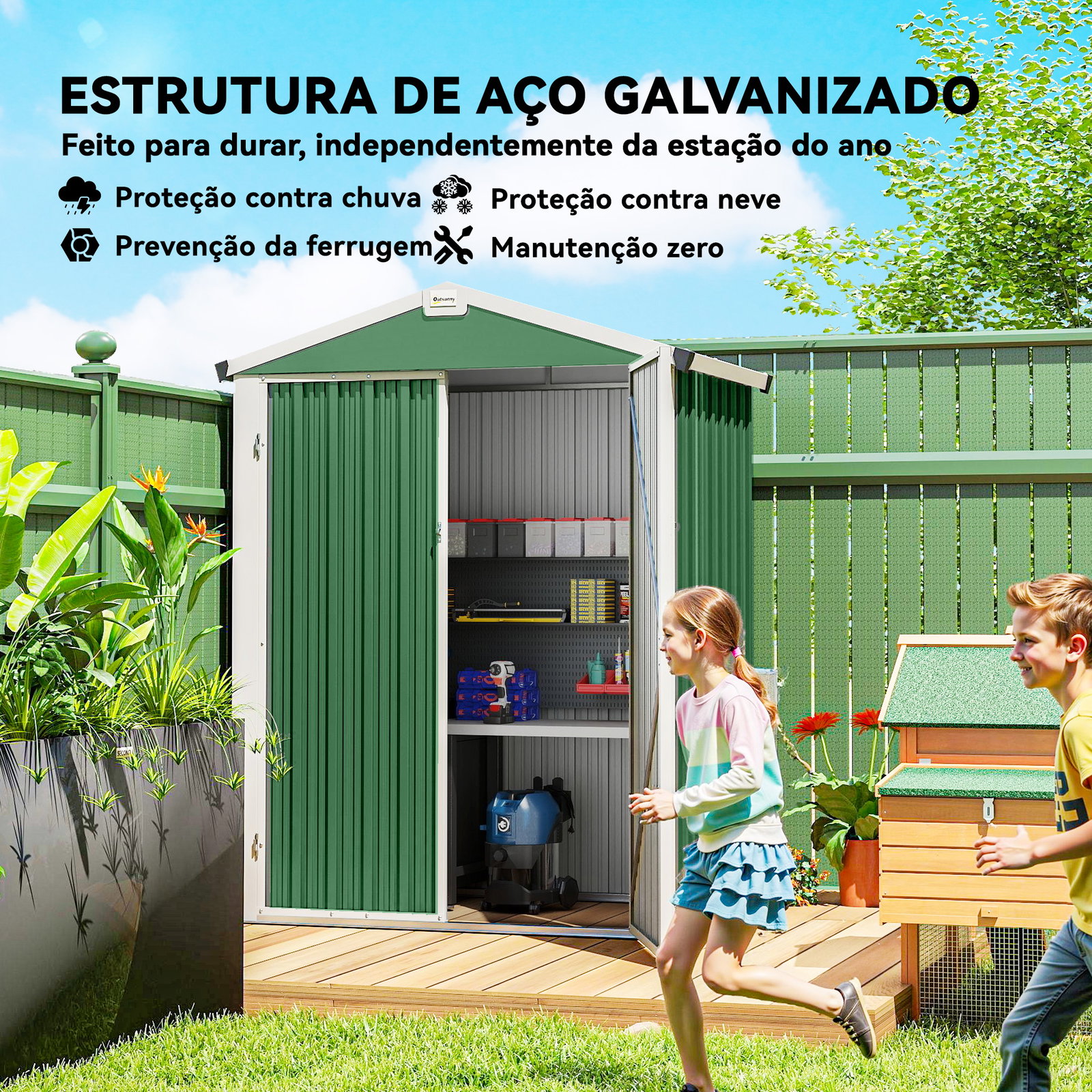 Abrigo de jardim exterior 1,1 m² 133x87x178 cm com 2 portas de abrir, telhado de duas águas e luvas verde