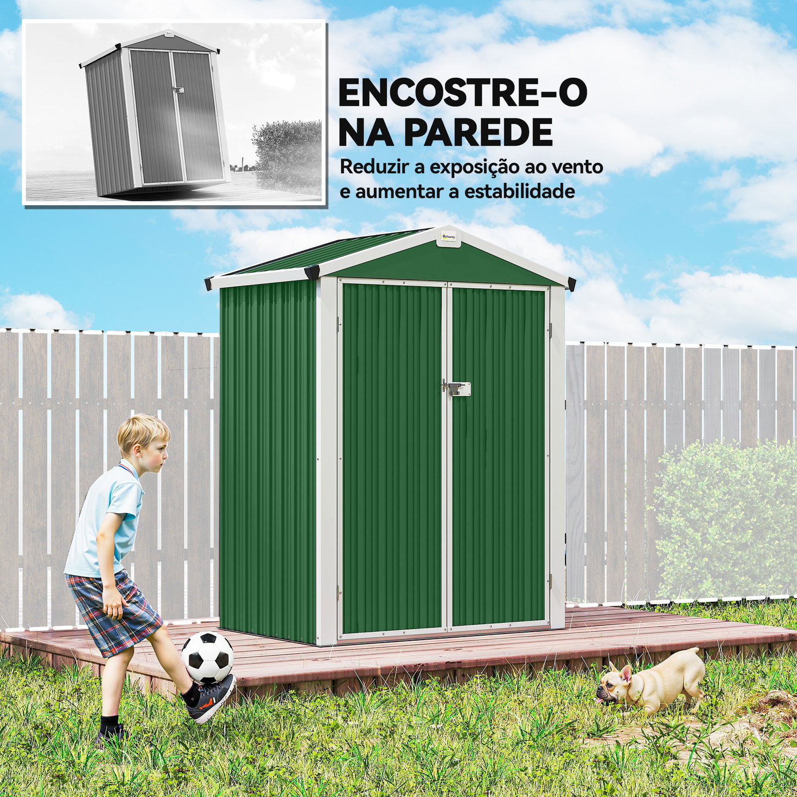Abrigo de jardim exterior 1,1 m² 133x87x178 cm com 2 portas de abrir, telhado de duas águas e luvas verde
