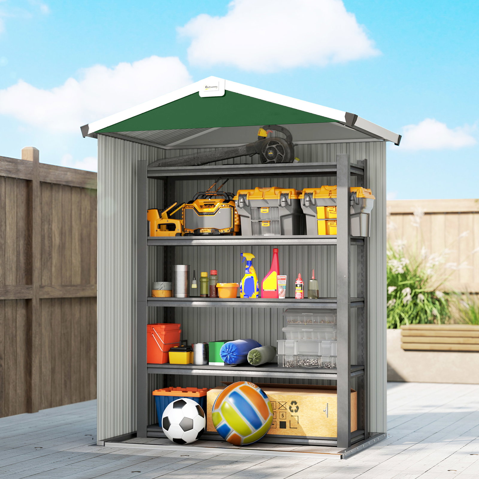 Abrigo de jardim exterior 1,1 m² 133x87x178 cm com 2 portas de abrir, telhado de duas águas e luvas verde