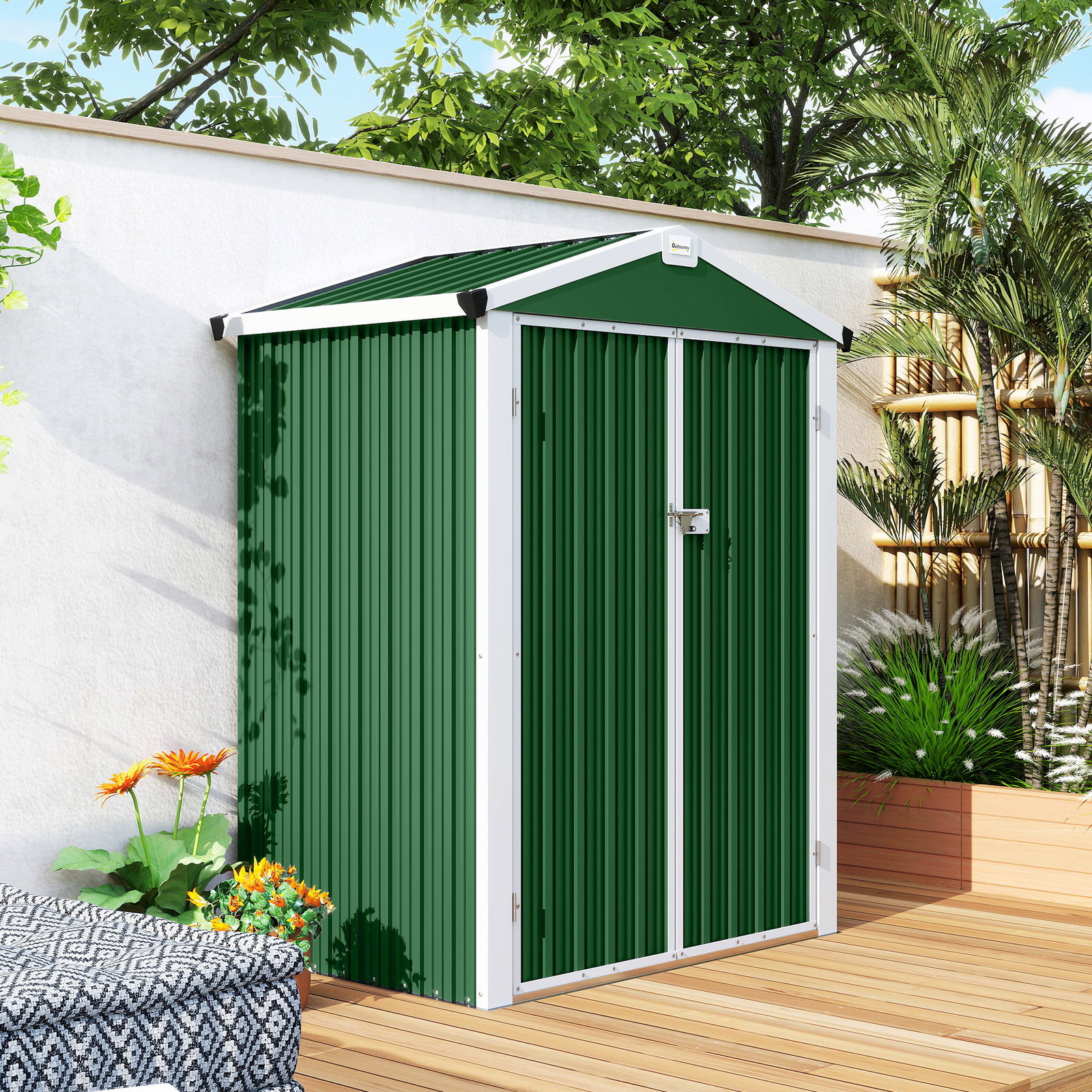 Abrigo de jardim exterior 1,1 m² 133x87x178 cm com 2 portas de abrir, telhado de duas águas e luvas verde