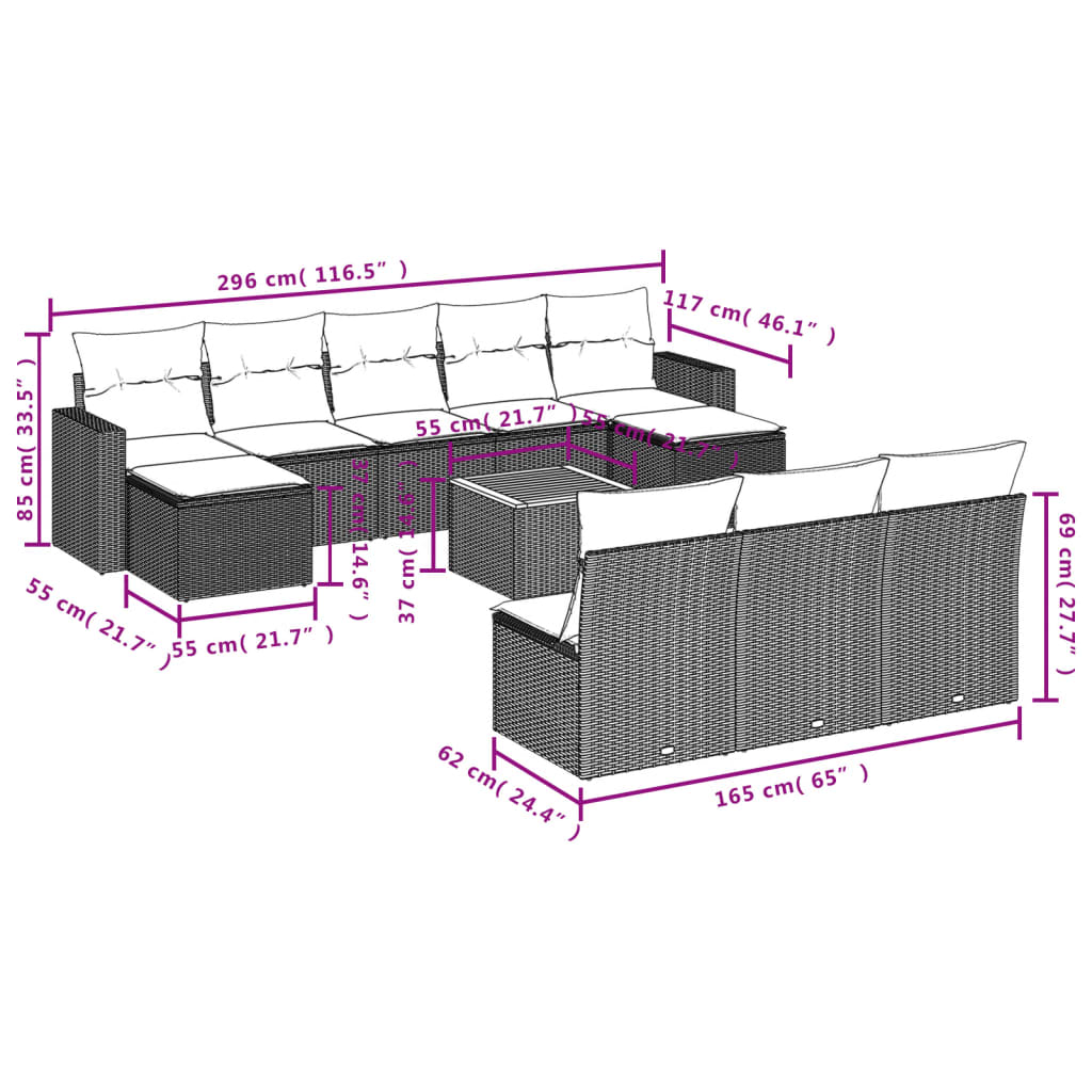 11 Pcs conjunto sofás de jardim c/ almofadões vime PE cinzento