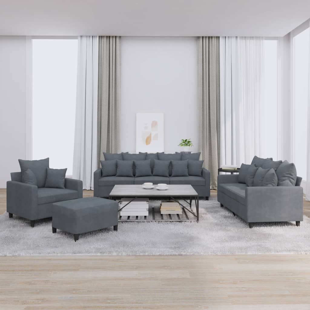 4 Pcs conjunto de sofás com almofadões veludo cinzento-escuro