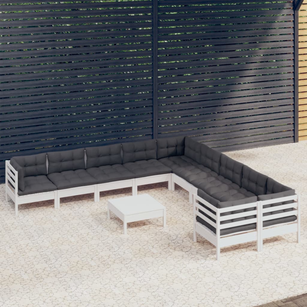 11 Pcs conjunto lounge de jardim c/ almofadões pinho branco