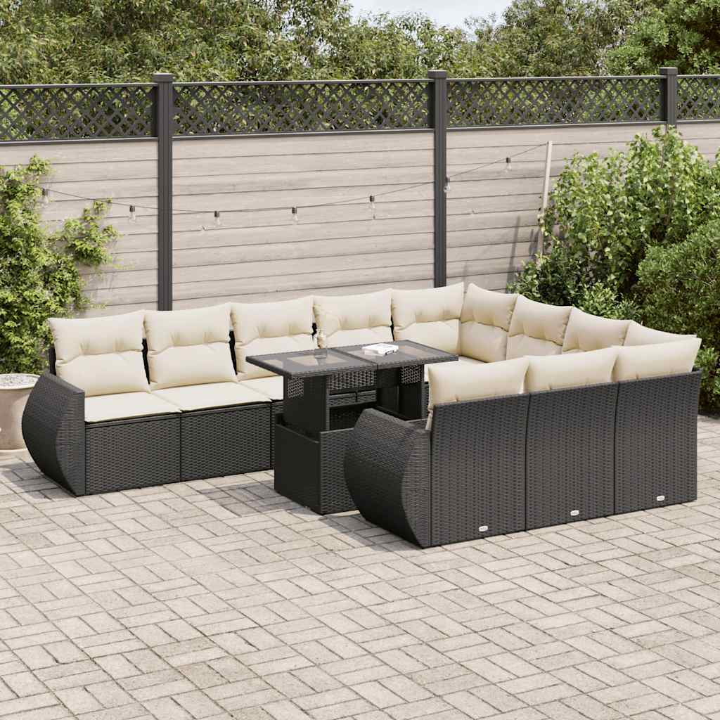 11 Pcs conjunto sofás de jardim c/ almofadões vime PE preto