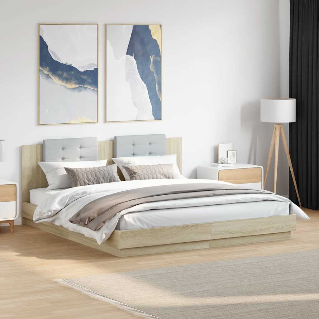 Estrutura cama c/ cabeceira/luzes LED 200x200cm carvalho sonoma