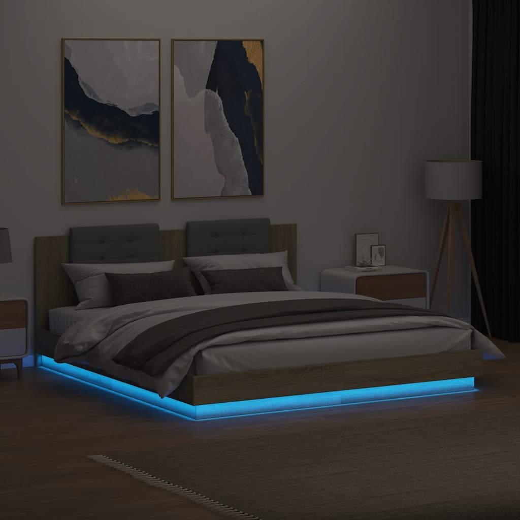 Estrutura cama c/ cabeceira/luzes LED 200x200cm carvalho sonoma