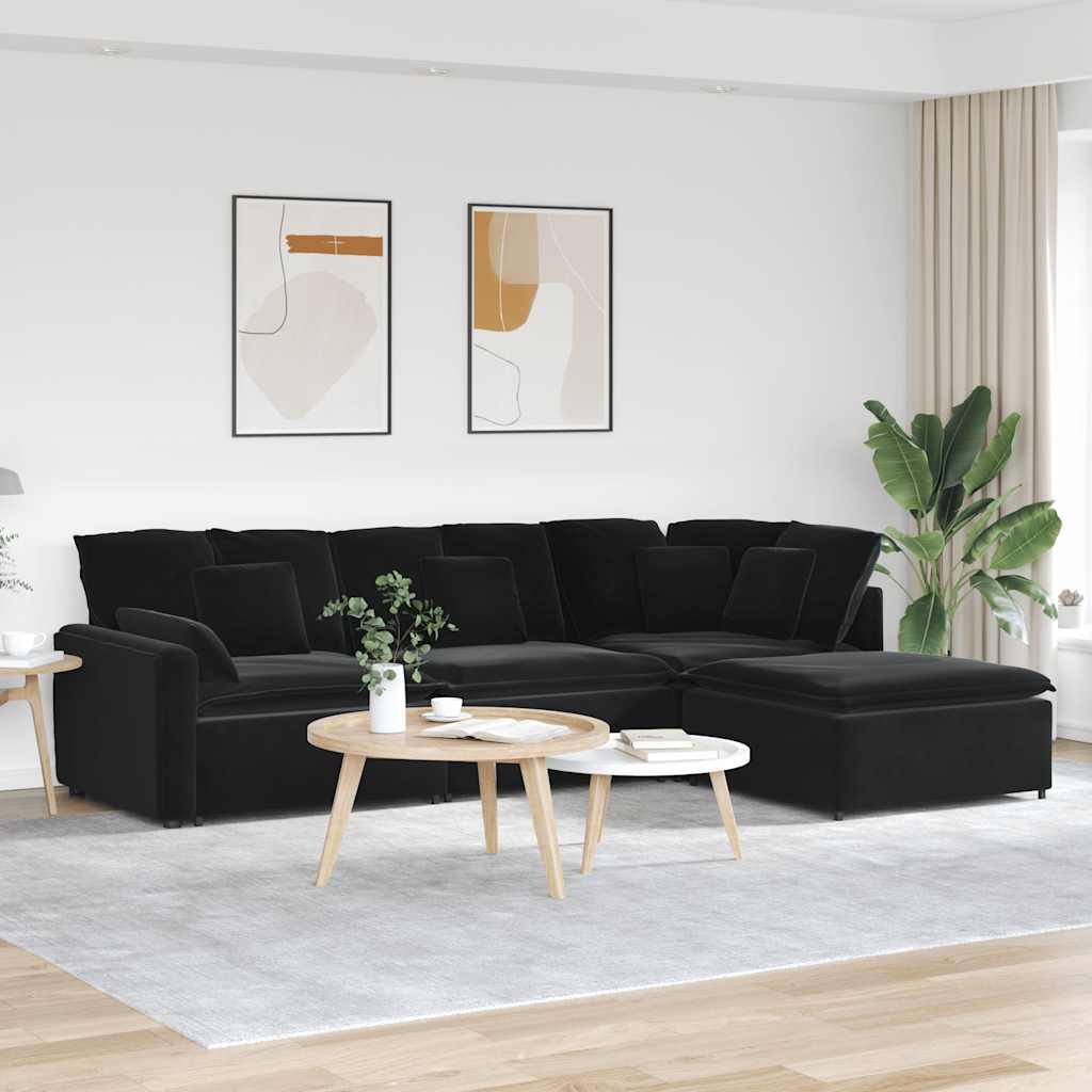 Sofá modular com pufes e almofadas veludo preto