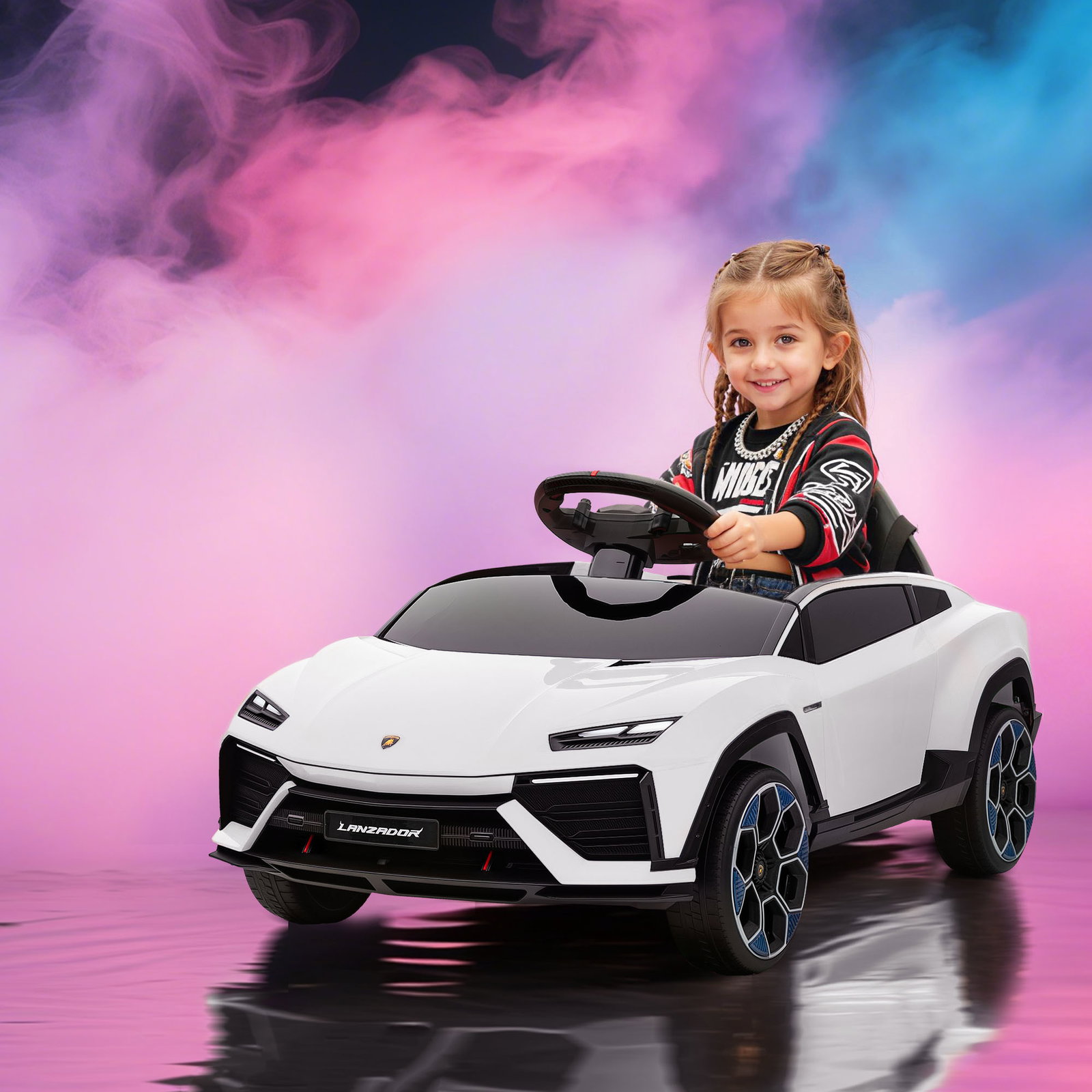 Carro elétrico para crianças 12v com motor duplo rodas com suspensão faróis música USB 101,5x49x43 cm branco