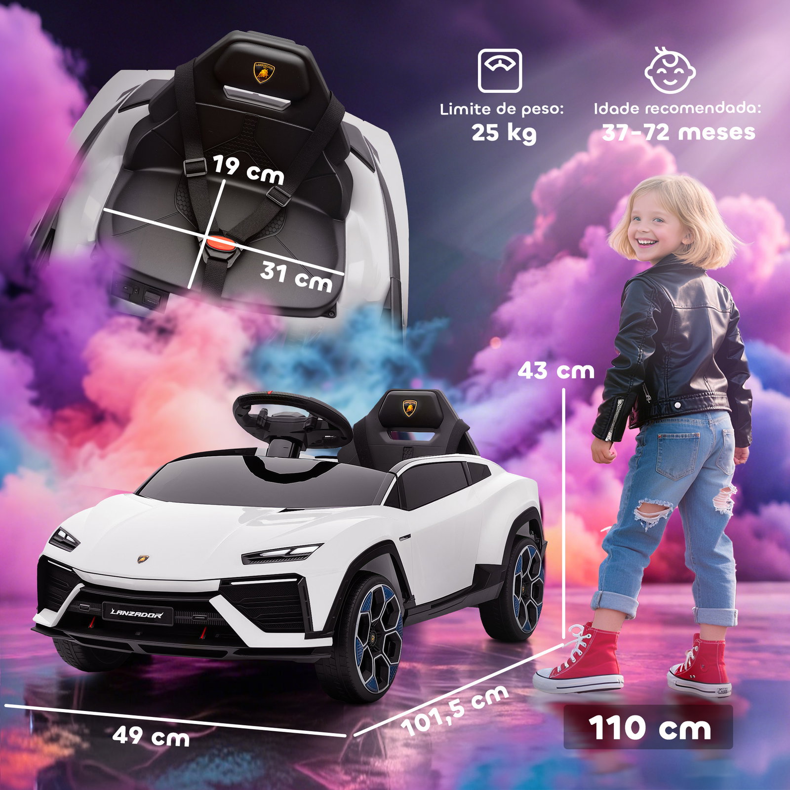 Carro elétrico para crianças 12v com motor duplo rodas com suspensão faróis música USB 101,5x49x43 cm branco