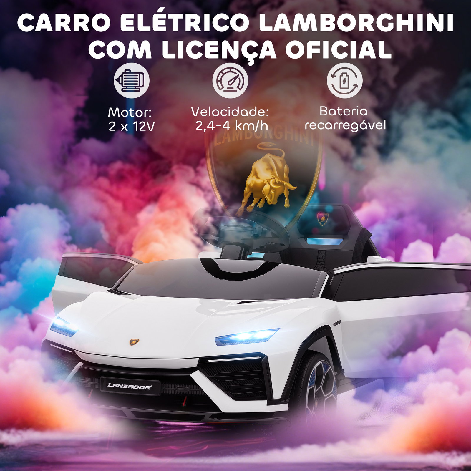 Carro elétrico para crianças 12v com motor duplo rodas com suspensão faróis música USB 101,5x49x43 cm branco