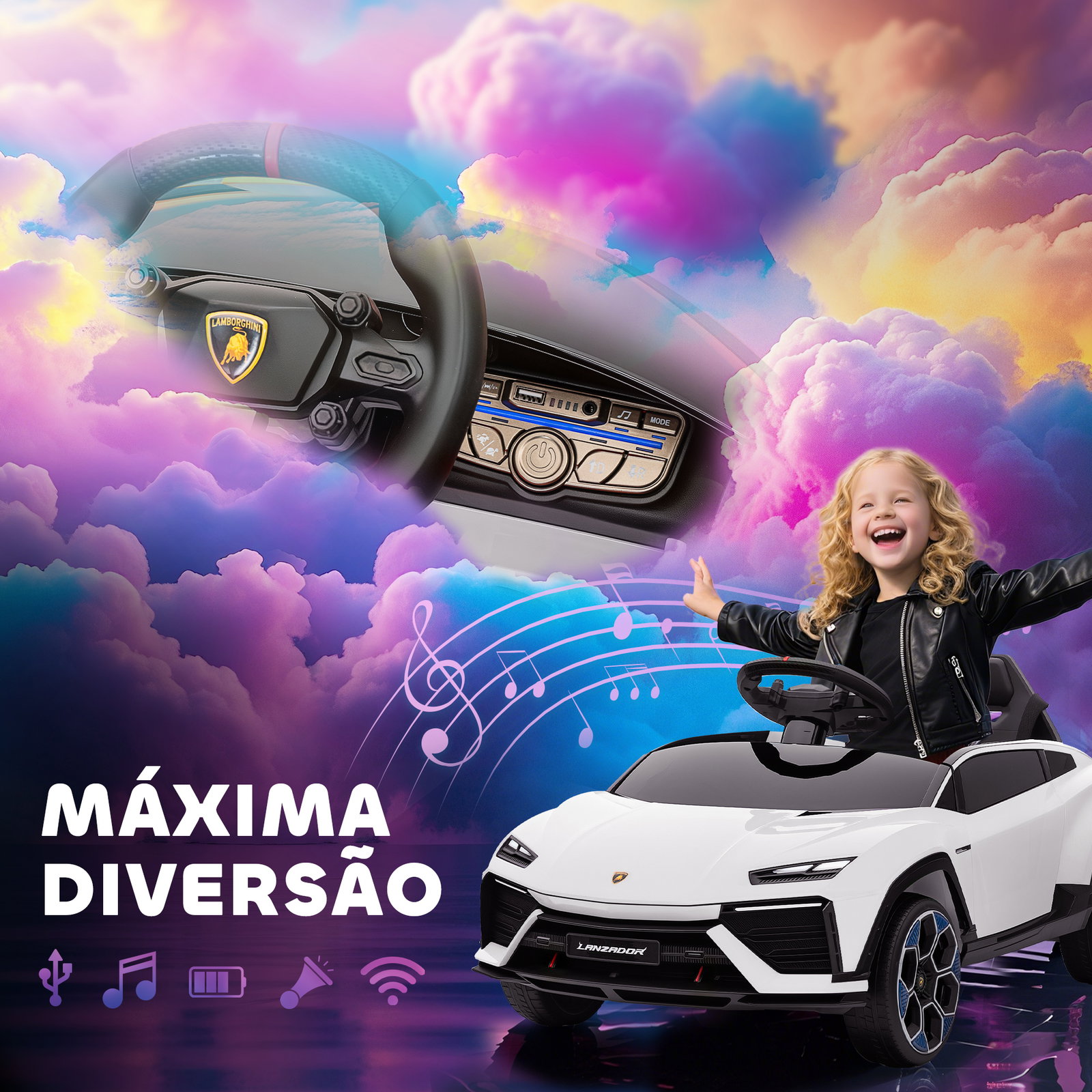 Carro elétrico para crianças 12v com motor duplo rodas com suspensão faróis música USB 101,5x49x43 cm branco