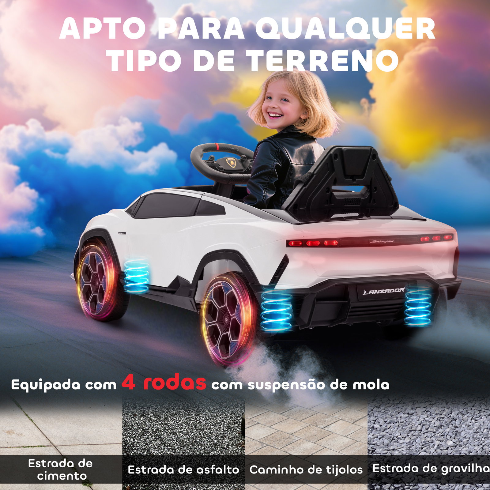 Carro elétrico para crianças 12v com motor duplo rodas com suspensão faróis música USB 101,5x49x43 cm branco