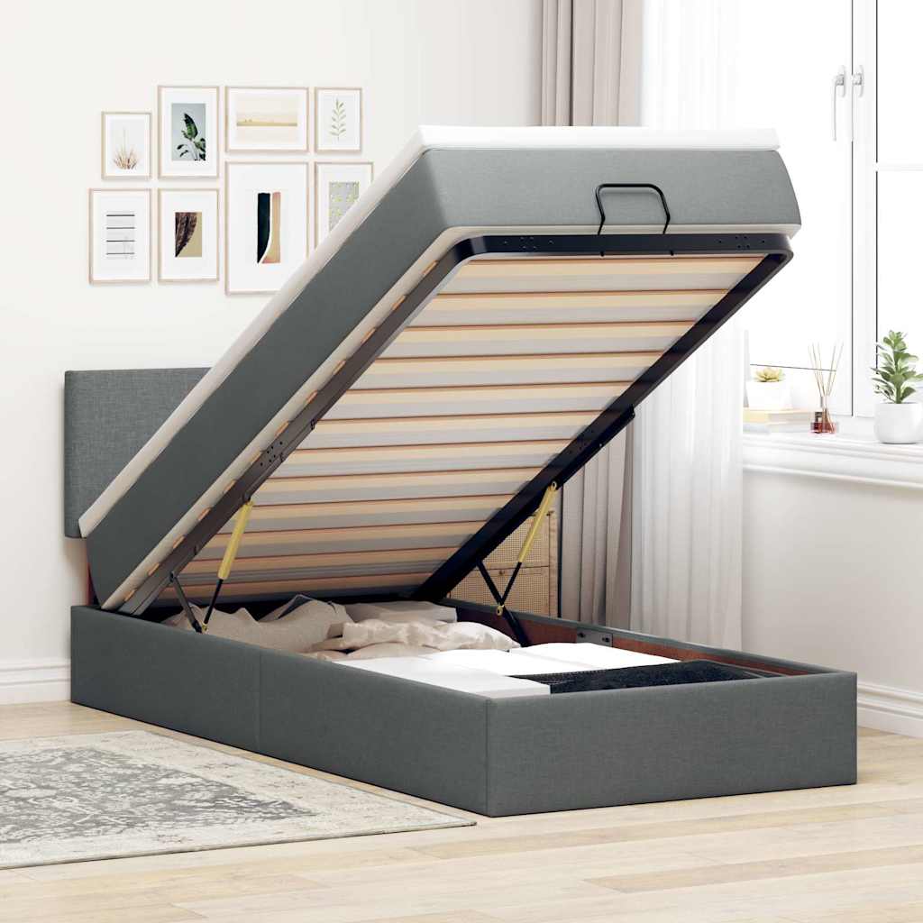Estrutura cama otomana colchão 100x200cm tecido cinzento escuro