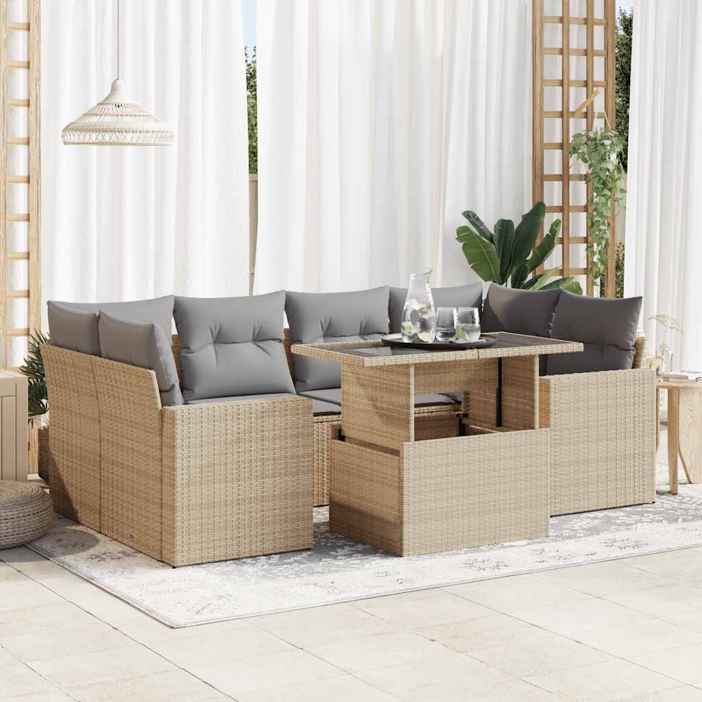 7 Pcs conjunto de sofás p/ jardim com almofadões vime PE bege