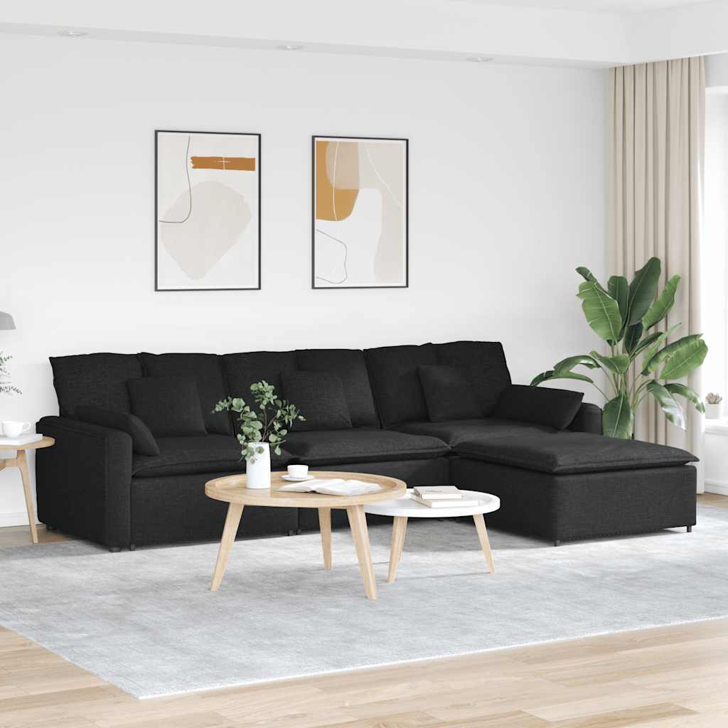 Sofá modular com pufes e almofadas preto