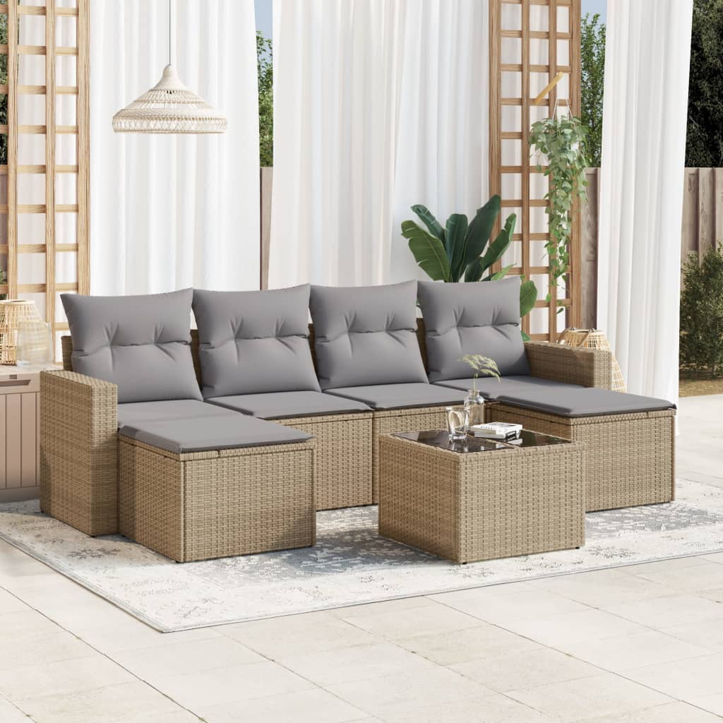 7 Pcs conjunto de sofás p/ jardim com almofadões vime PE bege