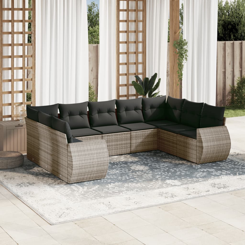 9 Pcs conjunto sofás p/ jardim com almofadões vime PE cinzento