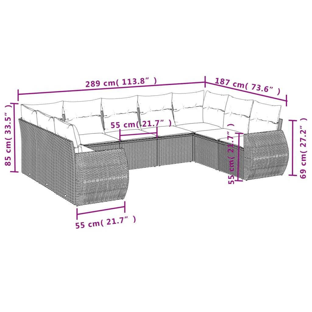 9 Pcs conjunto sofás p/ jardim com almofadões vime PE cinzento