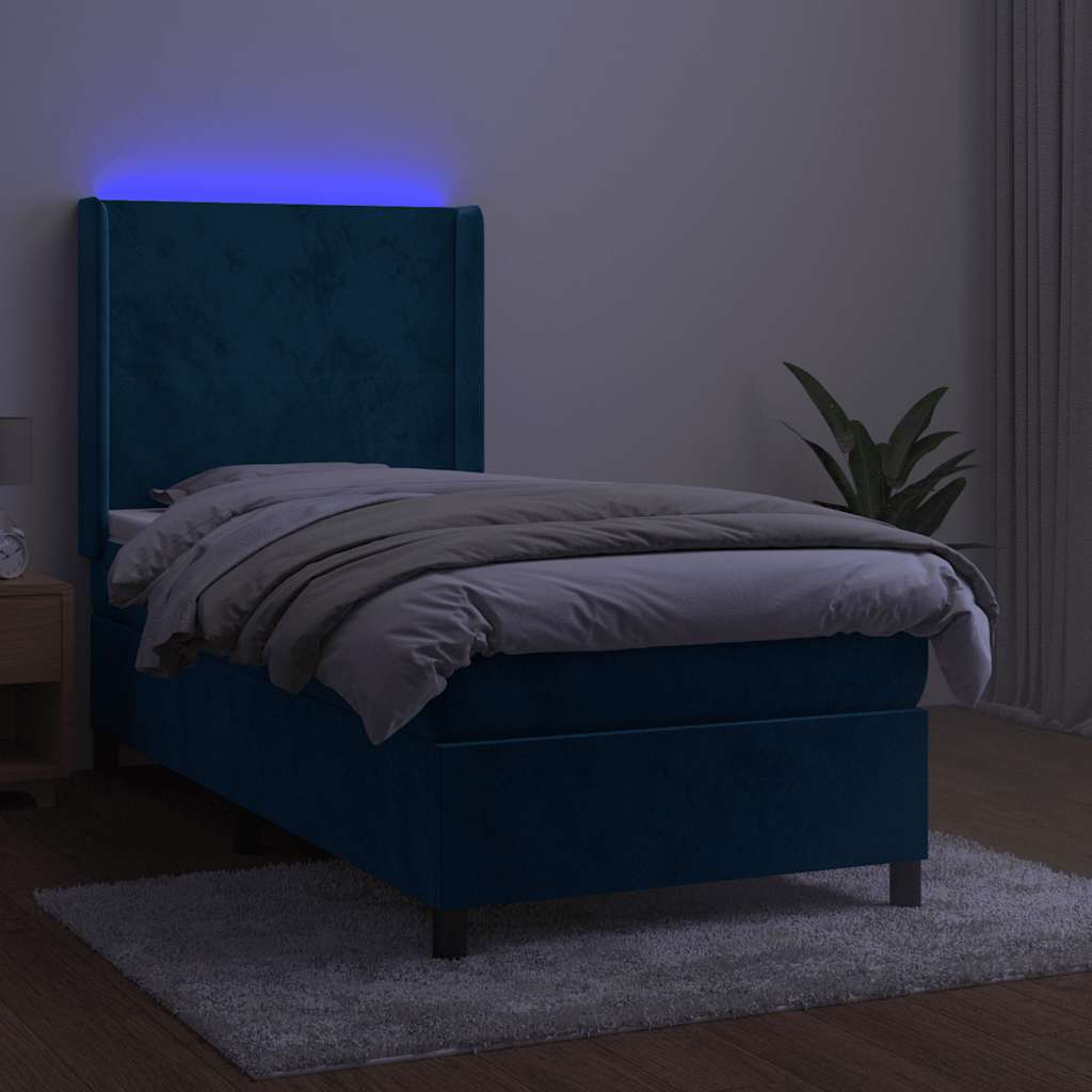 Cama box spring c/ colchão/LED 80x200 cm veludo azul-escuro