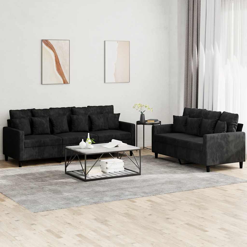 2 Pcs conjunto de sofás com almofadões veludo preto