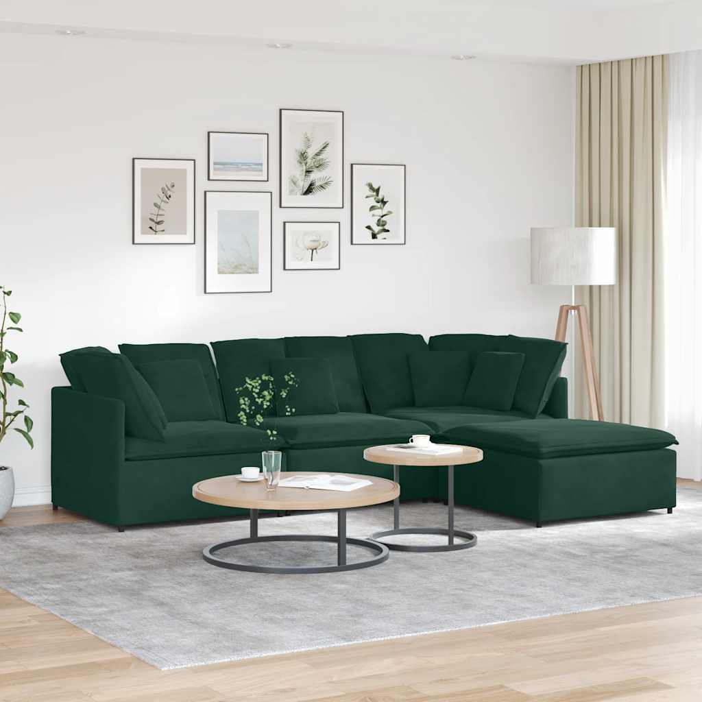 Sofá modular com pufes e almofadas veludo verde-escuro