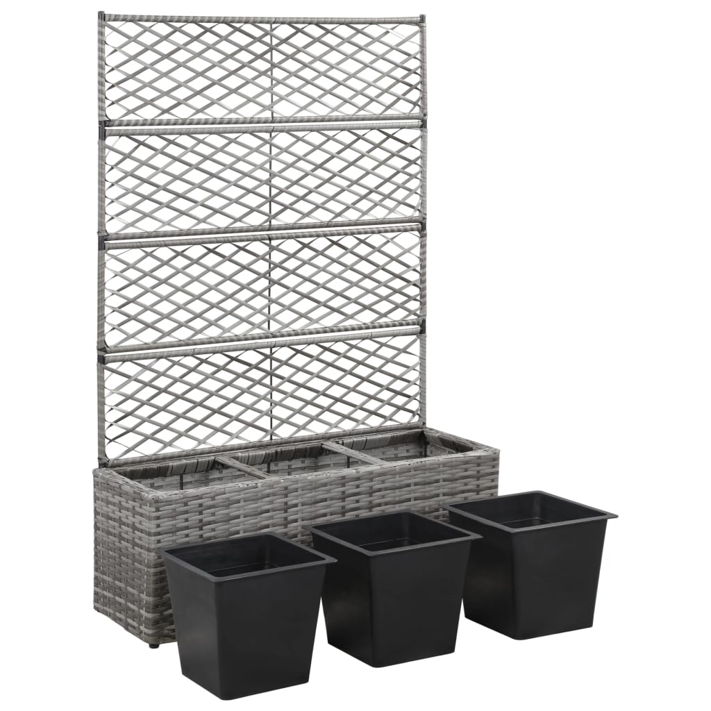 Floreira com treliça e 3 vasos 83x30x130 cm vime PE cinzento