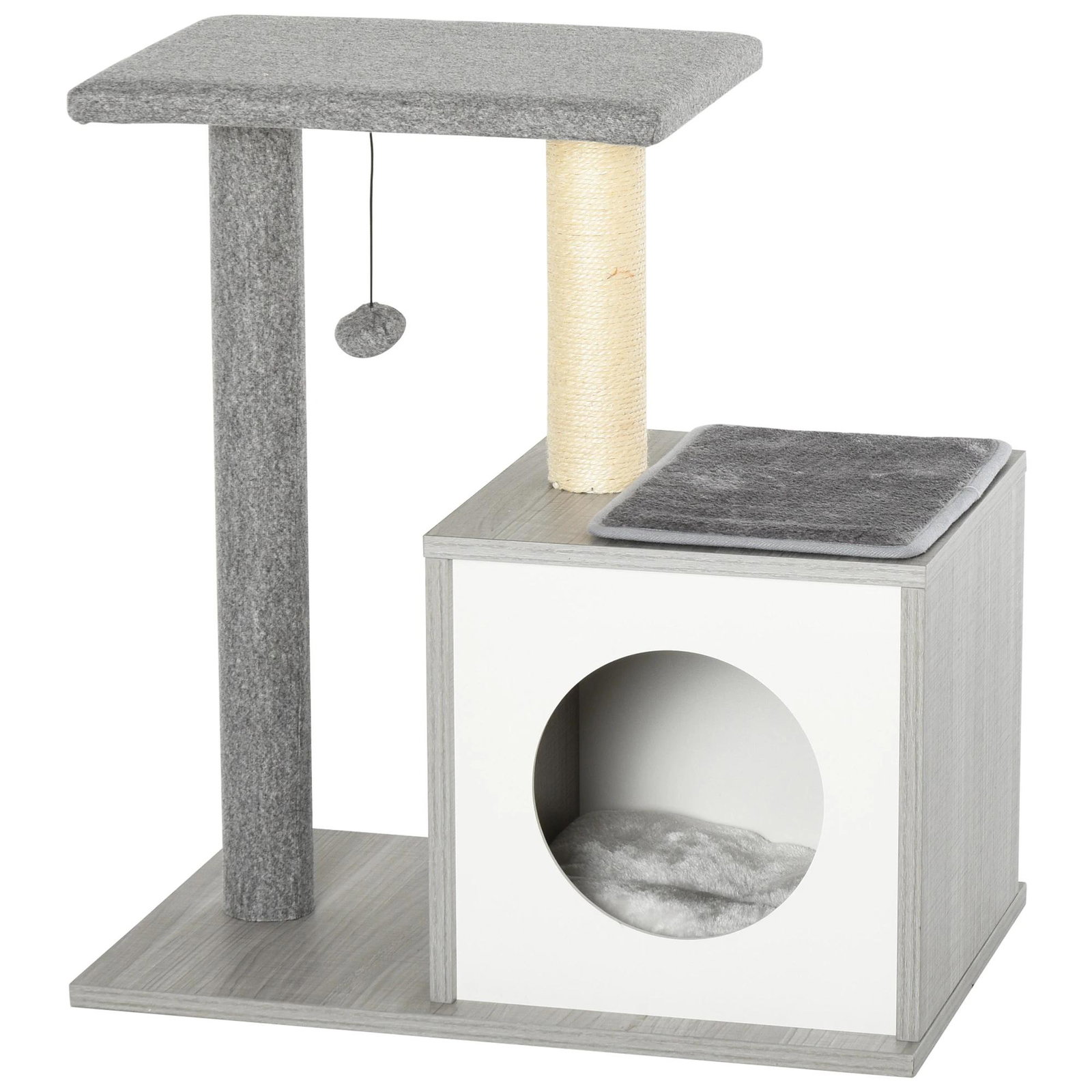 Arranhador para gatos 59x39x62 cm de 3 níveis com poste de arranhar caverna almofadas amovíveis e bolsa de brinquedo cinza