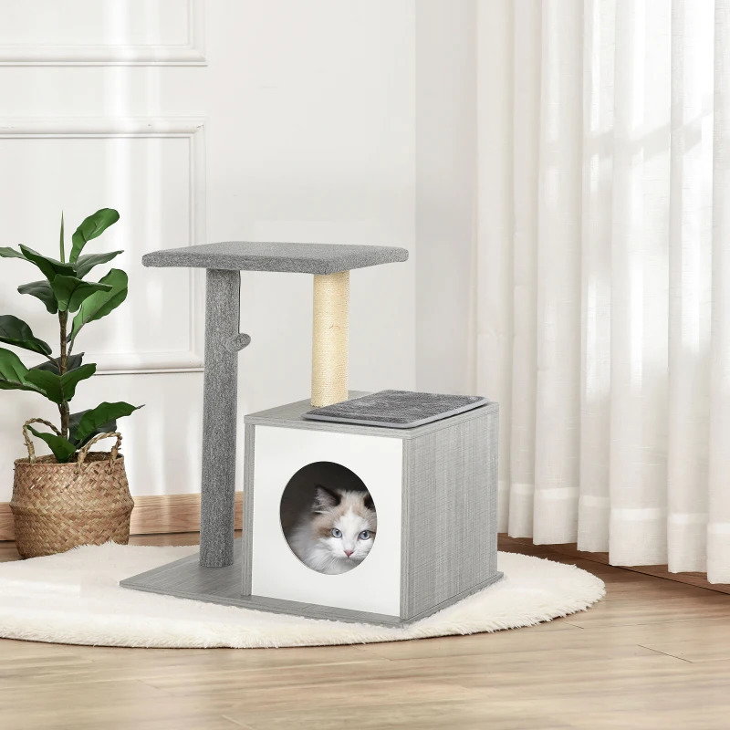 Arranhador para gatos 59x39x62 cm de 3 níveis com poste de arranhar caverna almofadas amovíveis e bolsa de brinquedo cinza