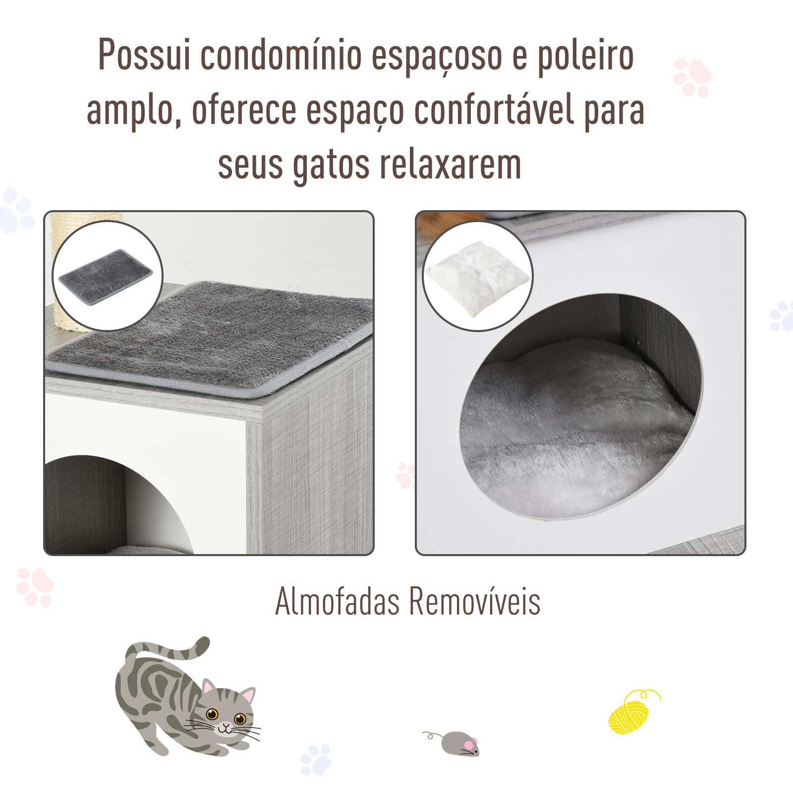 Arranhador para gatos 59x39x62 cm de 3 níveis com poste de arranhar caverna almofadas amovíveis e bolsa de brinquedo cinza