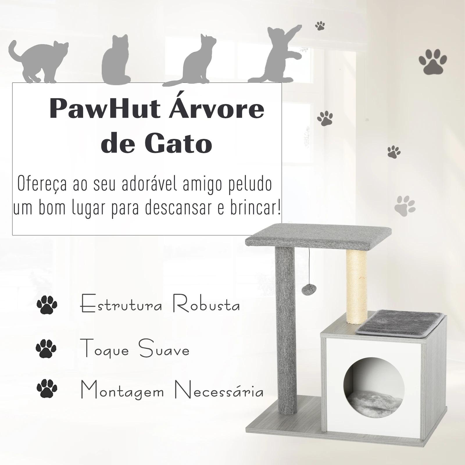 Arranhador para gatos 59x39x62 cm de 3 níveis com poste de arranhar caverna almofadas amovíveis e bolsa de brinquedo cinza