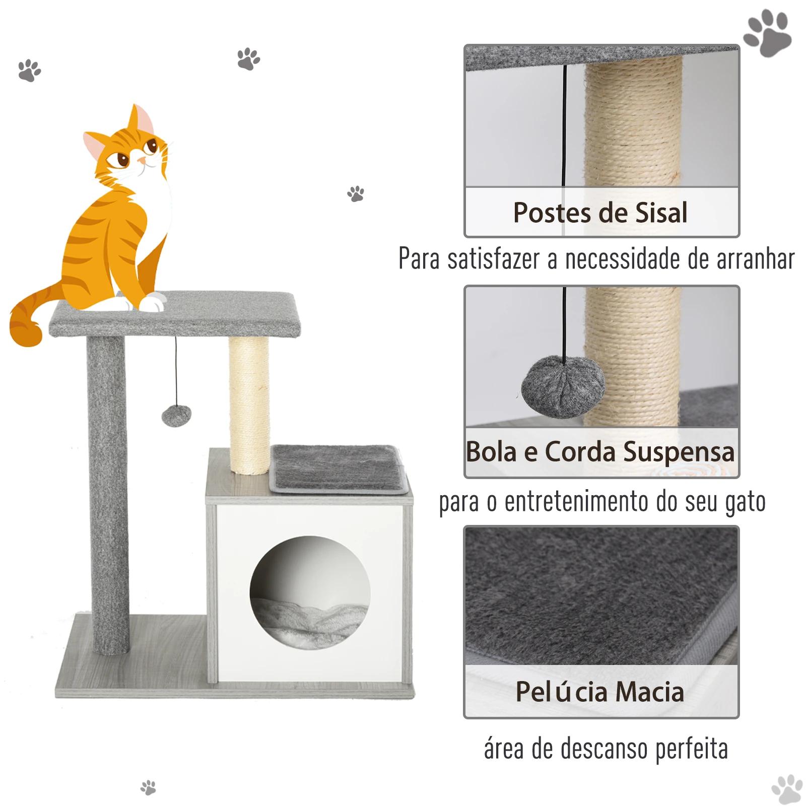 Arranhador para gatos 59x39x62 cm de 3 níveis com poste de arranhar caverna almofadas amovíveis e bolsa de brinquedo cinza