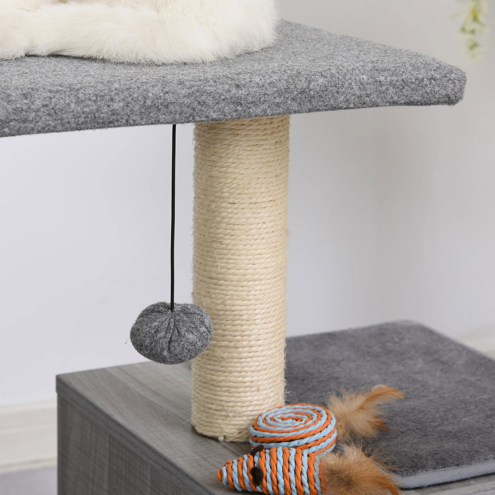 Arranhador para gatos 59x39x62 cm de 3 níveis com poste de arranhar caverna almofadas amovíveis e bolsa de brinquedo cinza
