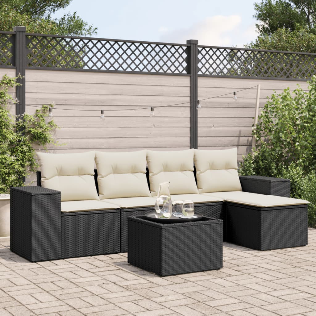 6 Pcs conjunto sofás de jardim c/ almofadões vime PE preto