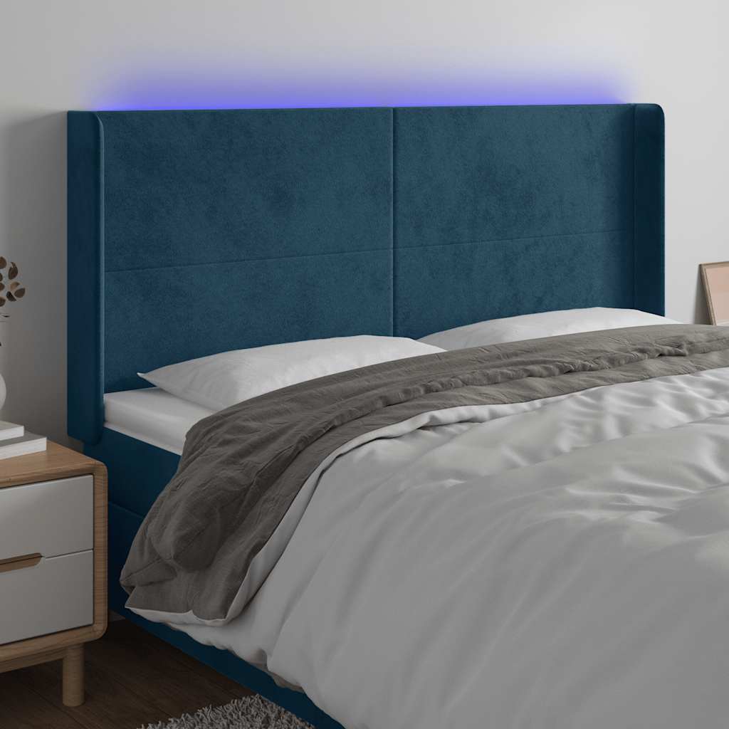 Cabeceira cama c/ luzes LED veludo 203x16x118/128cm azul-escuro