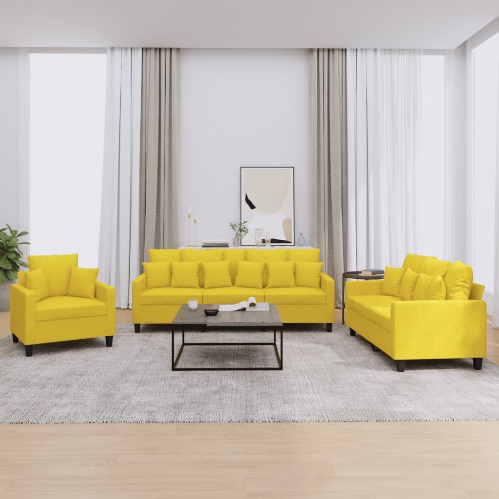 3 Pcs conjunto de sofás com almofadas tecido amarelo-claro
