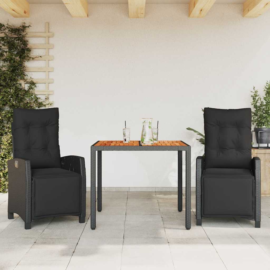 3 Pcs conjunto de jantar p/ jardim c/ almofadões vime PE preto