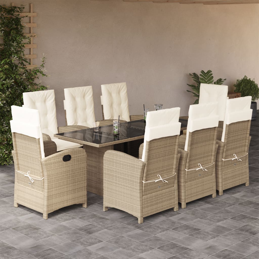 9 Pcs conjunto de jantar p/ jardim com almofadões vime PE bege