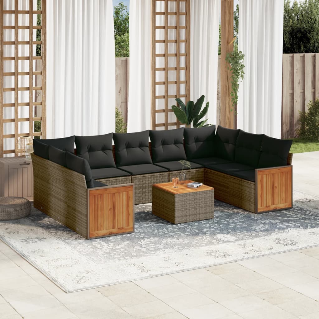 10 Pcs conjunto sofás de jardim c/ almofadões vime PE cinzento