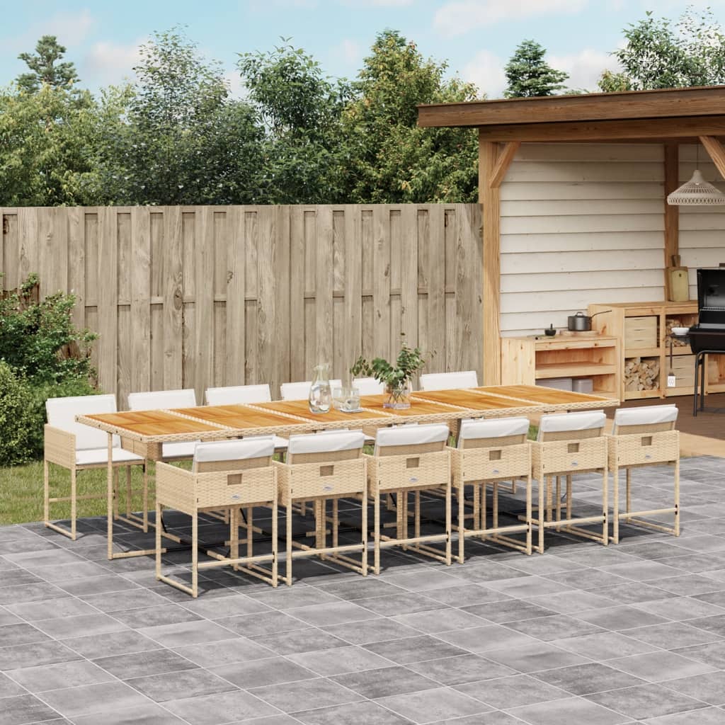 13 Pcs conjunto de jantar p/ jardim com almofadões vime PE bege