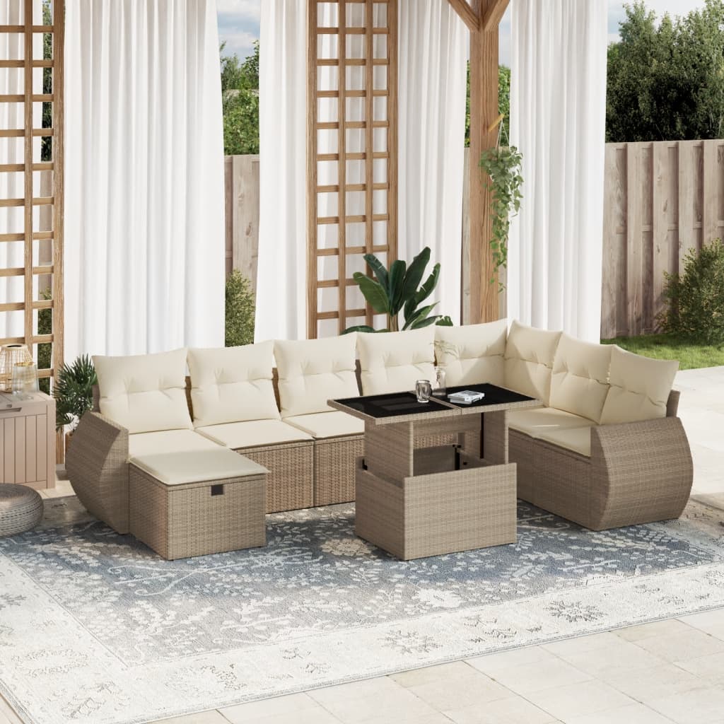 9 Pcs conjunto de sofás p/ jardim com almofadões vime PE bege