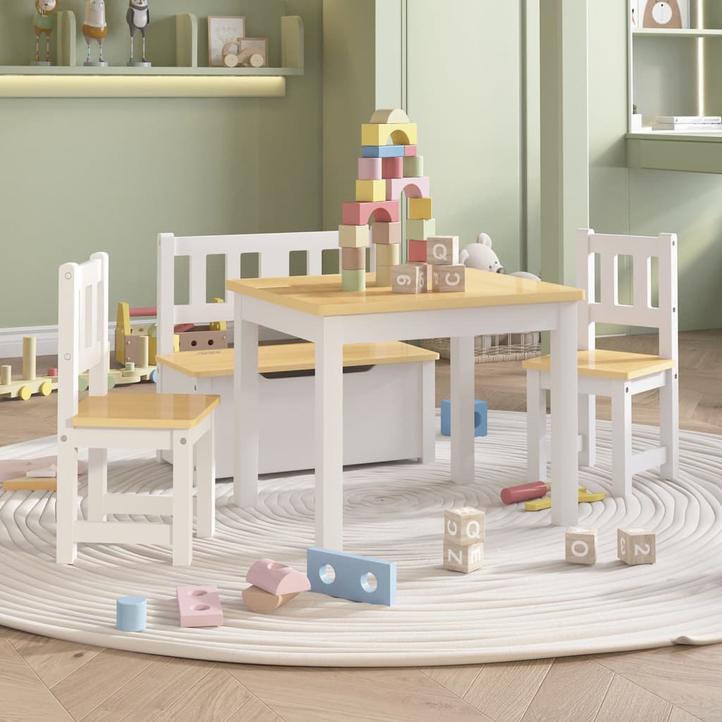 4 Pcs conjunto mesa e cadeiras infantil MDF branco e bege