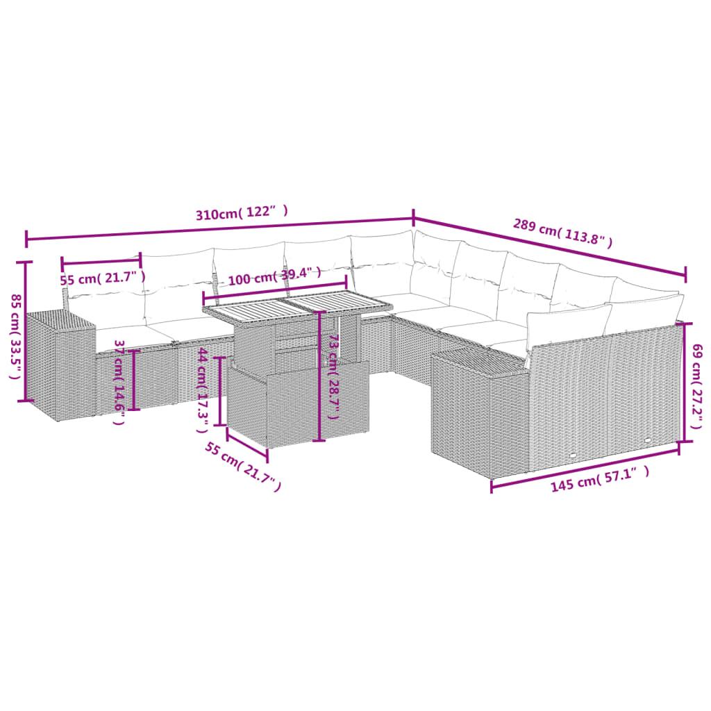 11 Pcs conjunto sofás de jardim c/ almofadões vime PE bege