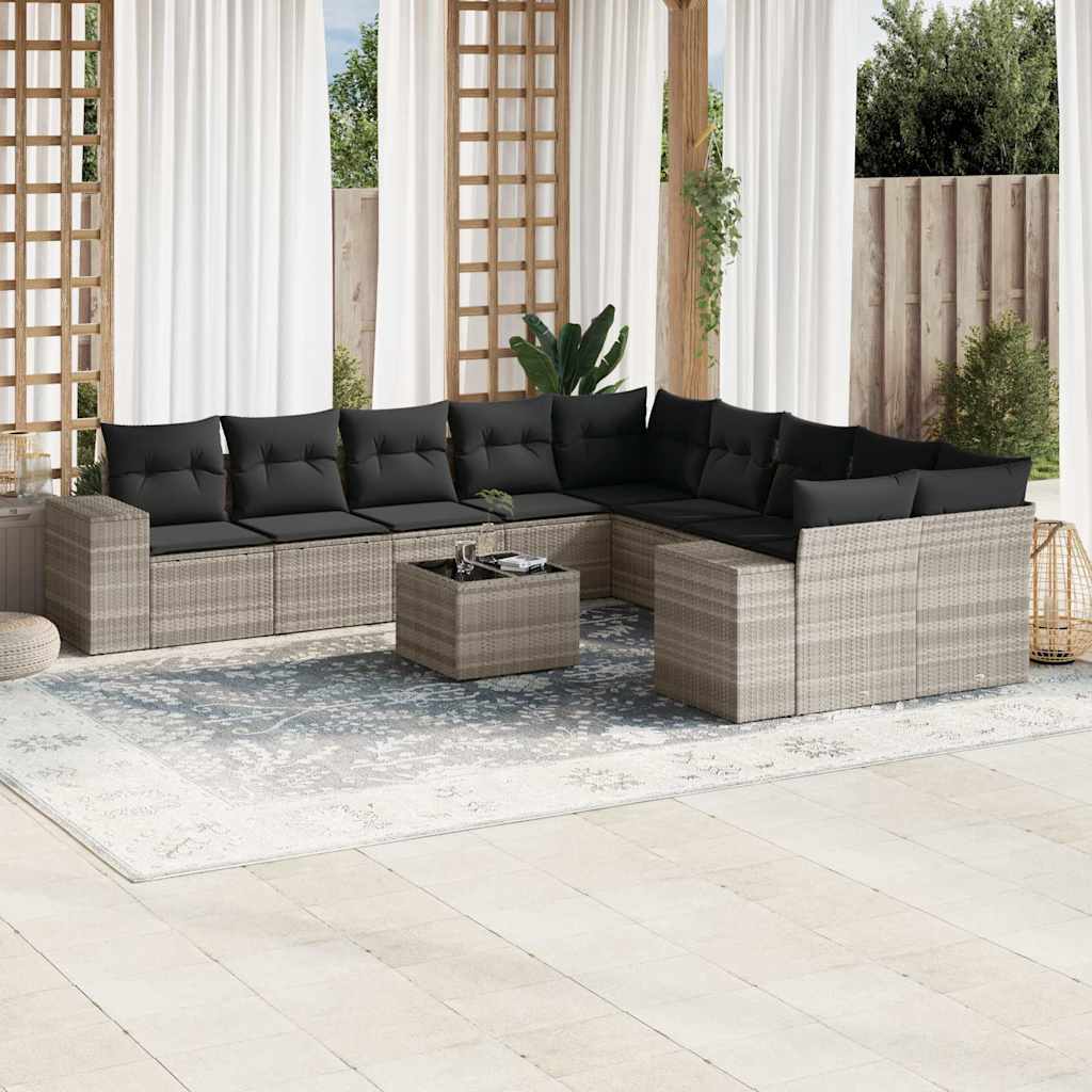 11 Pcs conjunto sofás de jardim c/ almofadões vime PE cinzento