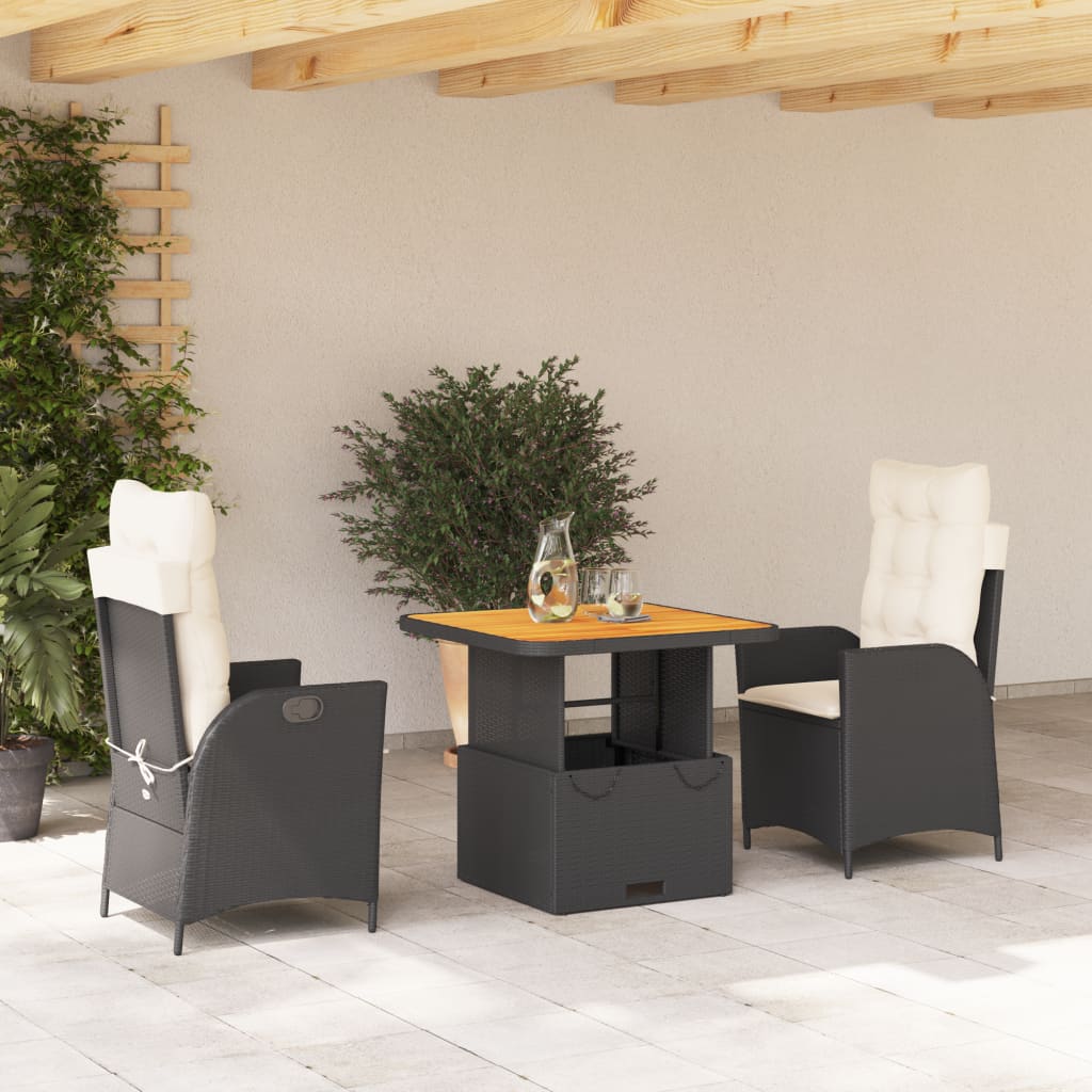 3 Pcs conjunto de jantar p/ jardim c/ almofadões vime PE preto