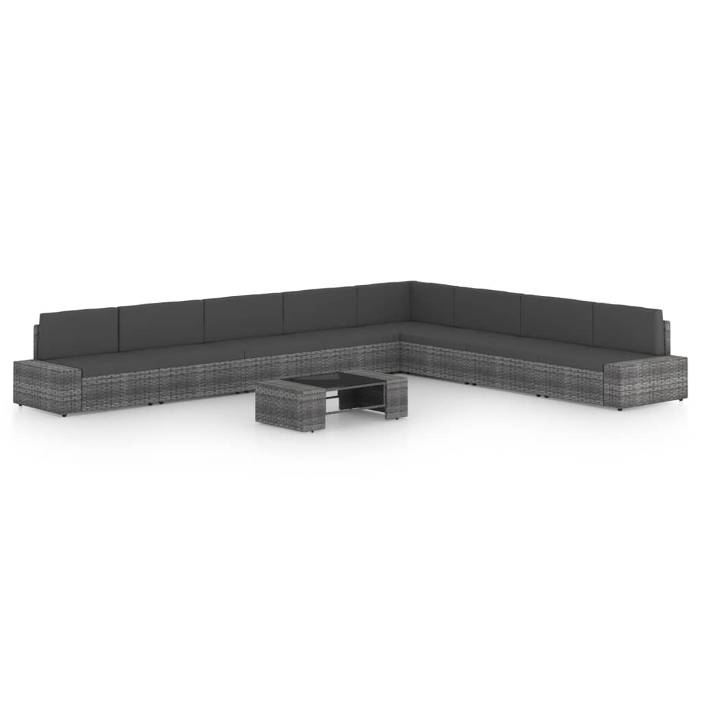 9 Pcs conjunto lounge de jardim c/ almofadões vime PE cinzento