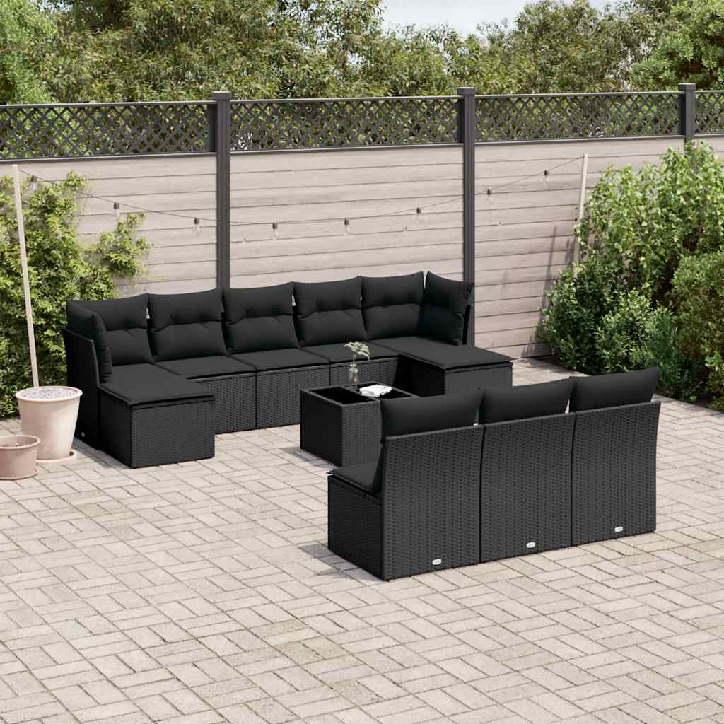 11 Pcs conjunto sofás de jardim c/ almofadões vime PE preto