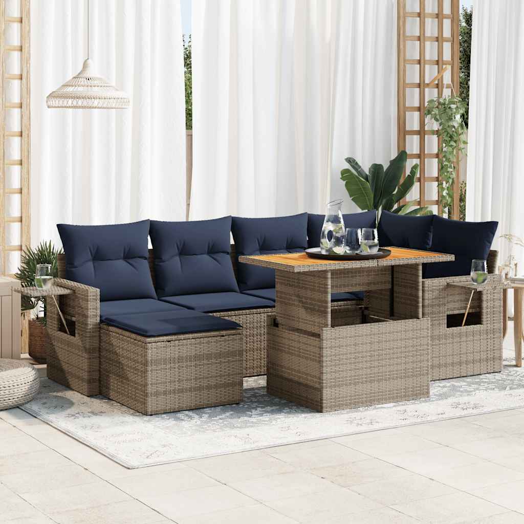 7 Pcs conjunto sofás p/ jardim c/ almofadões vime PE cinzento