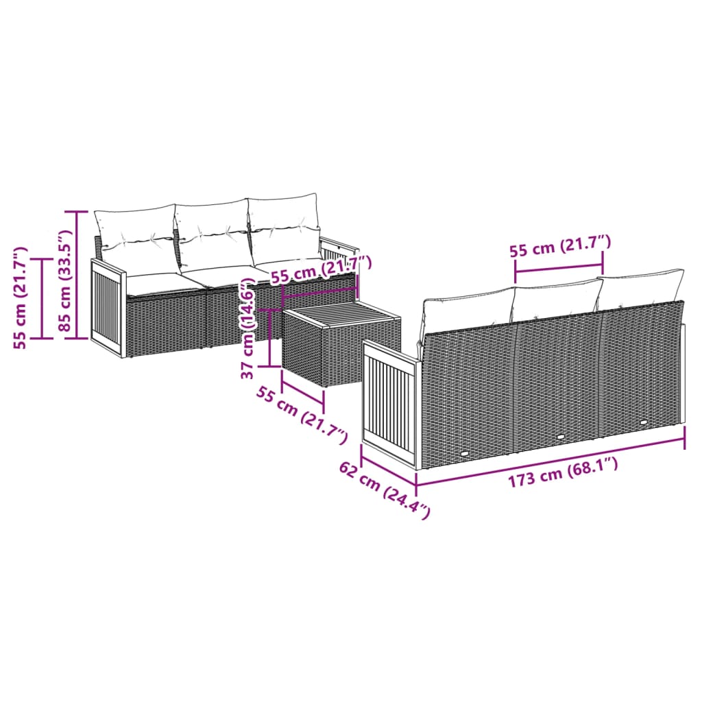 7 Pcs conjunto de sofás p/ jardim c/ almofadões vime PE preto