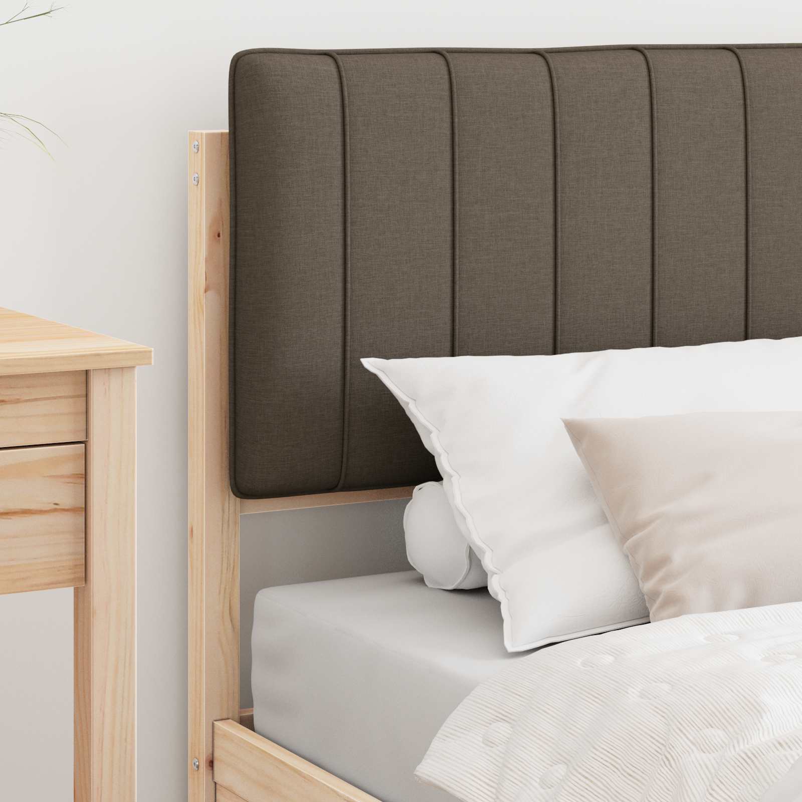 Estrutura de cama com cabeceira estofada cinzento-acastanhado