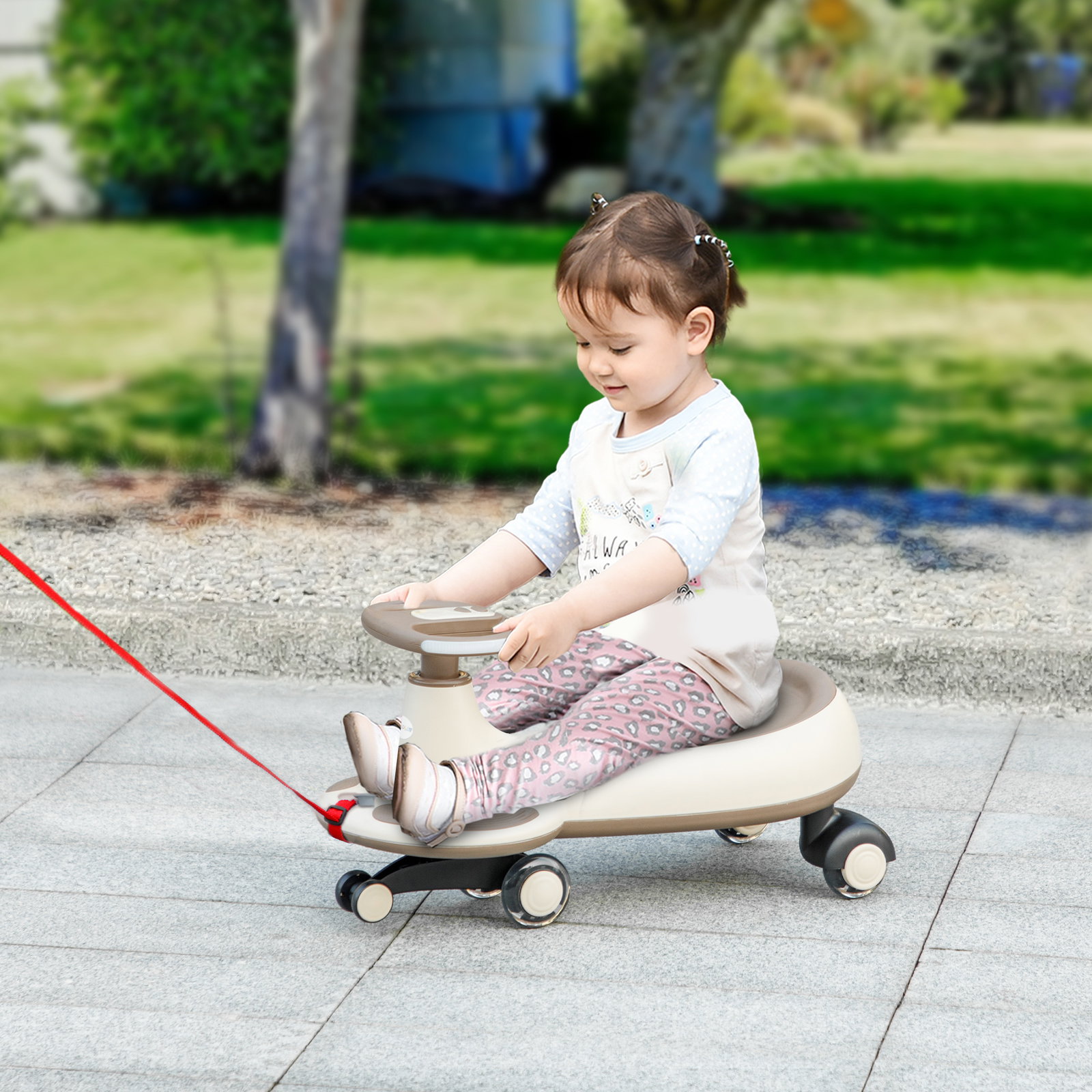 Carrinho gira gira para crianças carrinho wiggle com guiador para pais música luz e espaço de arrumação 69x31x69 cm cáqui